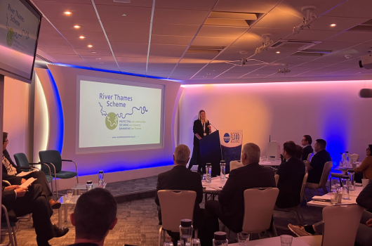 A woman standing at a podium presenting to a large audience sat around tables. Screen projector with 'River Thames Scheme' displayed. 